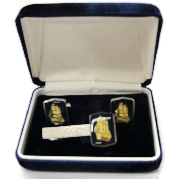 Gold Tone Ships Cufflinks & Neck Tie Clip Set Silver Tone Formal IOB Vintage - Picture 2 of 9